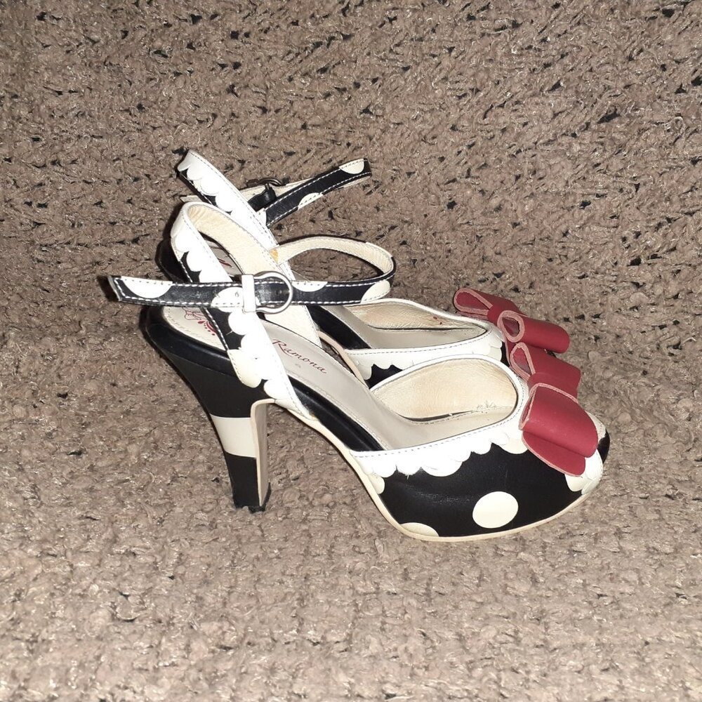 LOLA RAMONA-Angie-Rockabilly/Retro-Black/White Polka Dot-Red Bow-Sz 37-Excellent - Picture 5 of 8